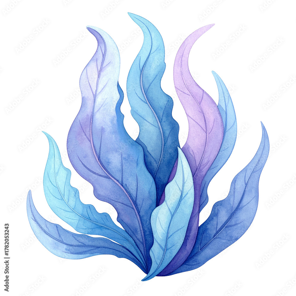 Fototapeta premium Ethereal Foliage: A delicate watercolor portrayal of stylized, flowing leaves in a symphony of serene blues and violets. 