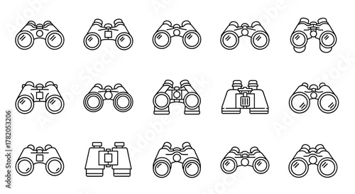 A collection of fifteen distinct line art icons representing binoculars, presented in a clean, modern outline style. This versatile vector graphic set is perfect for enhancing websites, mobile