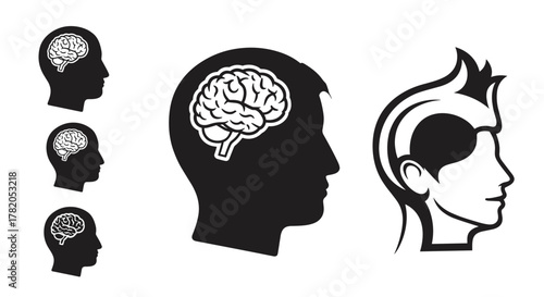 Set of stylized human head silhouettes with brains visible inside, representing intellect and thought processes, isolated on a clean white background. Includes multiple variations of head outlines