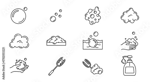 Set of clean line art icons representing bubbles, foam, soap, and hygiene. This collection includes various bubble shapes, soapy water, a sponge, hands washing, and a soap dispenser, all presented on