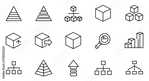 Collection of conceptual line icons representing business growth, data analysis, and organizational structure, featuring pyramids, cubes, flowcharts, and bar graphs, ideal for web design, app