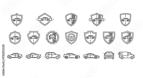 Set of minimalistic linear car and shield icons, representing automotive security, insurance, and protection. Includes various car types like sedans, SUVs, sports cars, and a delivery van, all within