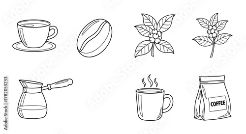 Collection of hand-drawn coffee-related icons in outline style, featuring a steaming cup, a single coffee bean, coffee plant branches with berries, a cezve, and a bag of coffee, perfect for