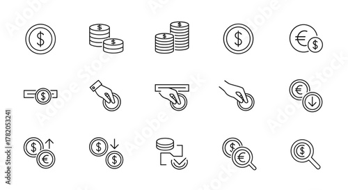 A clean and modern line icon set depicting various coin-related actions and symbols, including stacks of coins, currency exchange, and hands interacting with money, presented on a white background