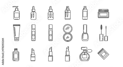 Collection of cosmetic and beauty product line icons on a white background, featuring items like lotion bottles, serum droppers, spray bottles, jars, tubes, compact mirrors, nail polish, lipstick