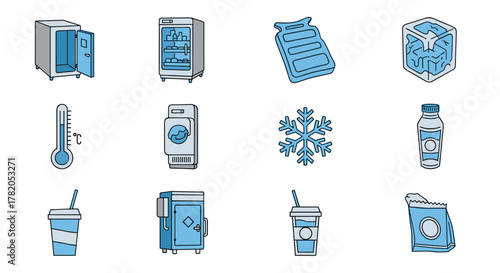 Collection of cold storage and freezing related icons, including refrigerators, freezers, ice packs, snowflakes, thermometers, ice cubes, drinks, and frozen food bags, presented in a clean, modern