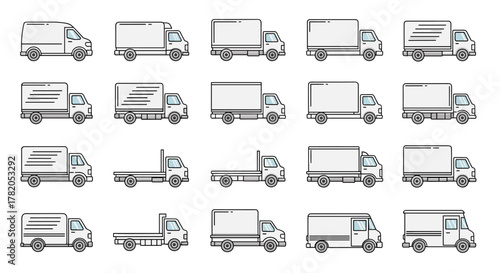 Collection of simple linear outline vector cartoon illustrations of delivery trucks, including box trucks, flatbeds, and vans, perfect for web sites, books, cards, and apps, with editable stroke and