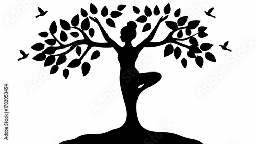 Elegant tree pose silhouette with birds in flight, symbolizing health, wellness, and growth