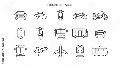 Collection of editable stroke line icons representing various modes of transportation including cars, bicycles, motorcycles, scooters, buses, airplanes, and trains, presented in a vector illustration