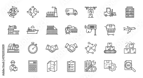 Comprehensive supply chain and logistics icon set, featuring editable vector graphics for global trade, delivery, manufacturing, commerce, and value chain processes, perfect for business and industry