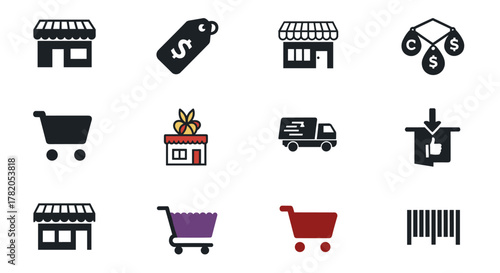 Collection of vector thin line icons representing finance, core values, business processes, commerce, learning, and shopping, with editable strokes, suitable for digital and print media, conveying