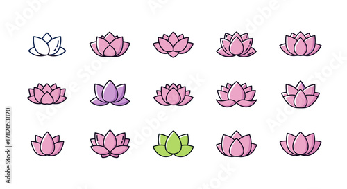 Set of stylized lotus flower icons, representing beauty, spa, and tranquility, in various pink and purple hues with a single green variant, presented as clean vector cartoon illustrations on a white
