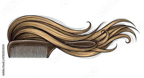 Stylized illustration of a brown comb with flowing blonde hair, creating a dynamic and elegant design perfect for beauty, hair care, or salon branding. The smooth, wavy strands suggest movement and