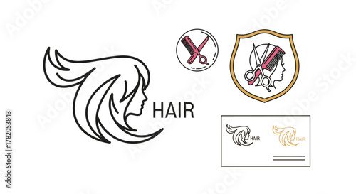 Collection of stylized hair salon logos and badges, featuring elegant female profiles, scissors, combs, and the word "HAIR", presented in a clean vector cartoon illustration style on a white