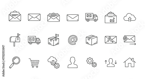 A clean and modern vector illustration showcasing a comprehensive set of line icons related to mail, delivery, and communication services, presented on a crisp white background for versatile use in
