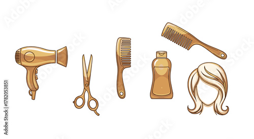 Golden gradient cartoon illustration of a set of hair salon essentials, including a hairdryer, scissors, combs, a bottle of product, and a woman's hairstyle, presented on a clean white background