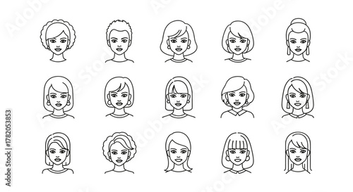 A diverse collection of fifteen linear-style vector cartoon illustrations of women's portraits, each featuring a unique hairstyle and subtle facial features, presented on a clean white background