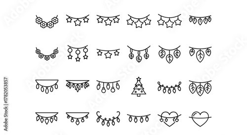 Collection of thin line icons representing various garlands, including floral, star, leaf, droplet, Christmas tree, light bulb, and heart designs, perfect for web, books, cards, and apps, presented