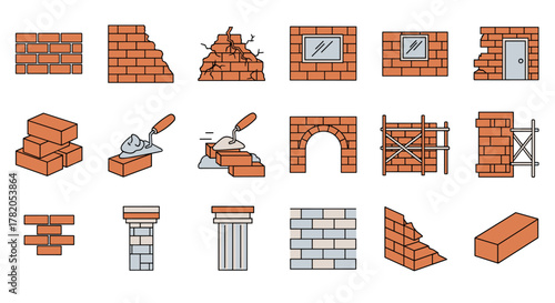 Brick Wall Outline Icon Collection: A Versatile Set of Editable Stroke Vector Graphics Perfect for Infographics, Articles, Books, Flyers, and Banners, Featuring Cartoon Illustrations of Construction