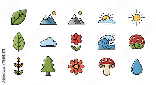 Vivid and Descriptive Set of Abstract Nature Icons, Vector Cartoon Illustrations on a White Background, Featuring Elements like Leaves, Mountains, Sun, Clouds, Flowers, Waves, Mushrooms, and Water