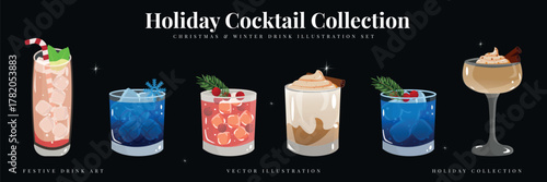 Holiday Cocktail Collection with festive Christmas drinks, cozy coffee, and sparkling beverages — perfect for seasonal design, posters, menus, and winter decor.