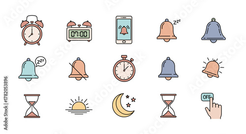Collection of minimalistic alarm clock and bell icons, including digital and analog alarm clocks, ringing bells, silent bells, a smartphone notification, a stopwatch, an hourglass, sunrise, moon and