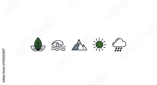 A clean and modern vector illustration featuring a set of five minimalist icons representing elements of nature: a leaf, a wave, a mountain, the sun, and a rain cloud, all presented on a crisp white
