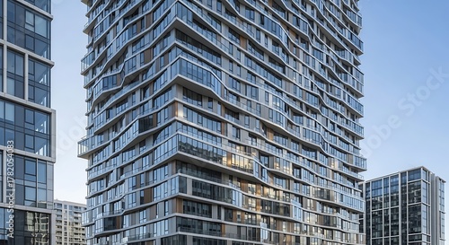 Modern Residential Skyscraper with Unique Architectural Design and Glass Facade Against Blue Sky.