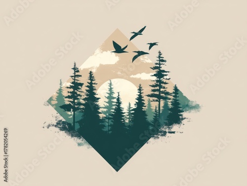 Forest and flying birds silhouette artwork nature and freedom concept