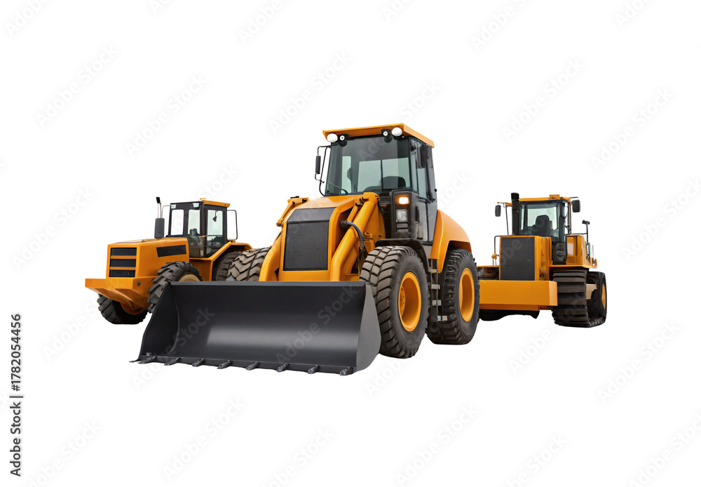 Fototapeta premium Three yellow construction vehicles including wheel loader and bulldozers with black accents, isolated on a transparent background