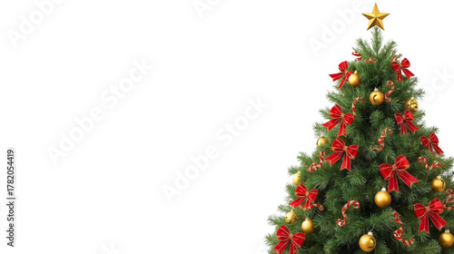 A Festive Christmas Tree Shines With Golden Ornaments Bright Red Bows And Striped Candy Canes
