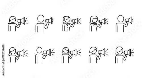 Set of minimalistic line art icons depicting diverse individuals, both male and female, holding and speaking into megaphones against a clean white background, symbolizing announcements, promotions