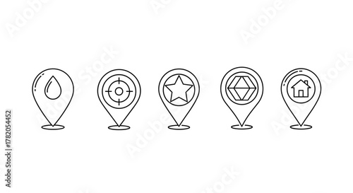 Set of five thin line map pin icons including a water drop, target, star, gem, and house, presented as outline signs for graphic and web design, apps, adverts, and various cards, rendered as a vector