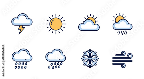 Set of modern outline style weather icons on a white background, featuring lightning under a cloud, a bright sun, partly cloudy conditions, rain, snow, and wind, perfect for design, cards, apps, and