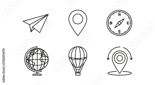 A minimalist, thin-line vector icon set featuring travel and navigation elements: a paper airplane, a map pin, a compass, a globe, a hot air balloon, and a location marker with directional arrows