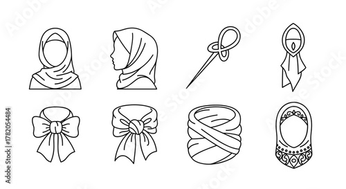 Set of elegant line art icons representing Muslim hijab fashion and accessories, including front and side views of hijabs, decorative pins, bow ties, and intricately designed headscarves, perfect for