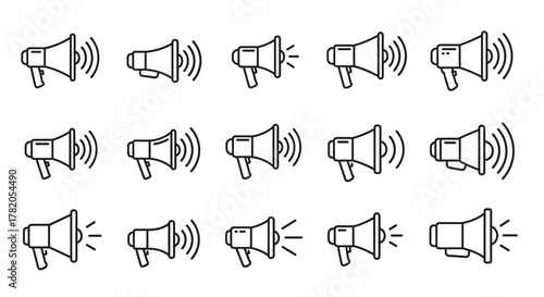 Collection of simple megaphone icons in a line art style, representing sound, speech, and announcements. This set includes various designs of loudspeakers with sound waves, perfect for communication