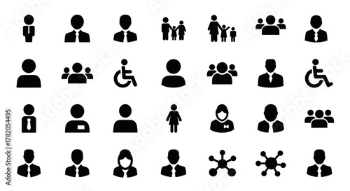 Collection of diverse human silhouette icons in a flat, minimalist black design, isolated on a clean white background, representing various individuals, families, groups, and professional roles