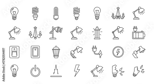 A comprehensive collection of line art icons representing various lighting elements, including traditional incandescent bulbs, energy-saving fluorescent and LED bulbs, desk lamps, chandeliers, street