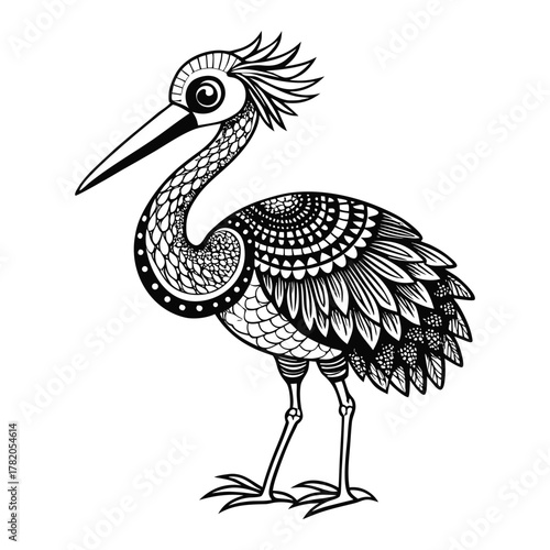 Intricate Black-and-White Heron Illustration with Ornamental Patterns