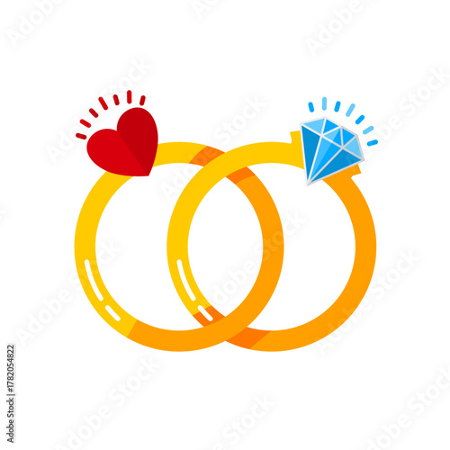 Gold wedding rings heart and diamond - flat vector icon