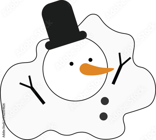 Cute melting snowman vector illustration featuring a snowman with a black top hat, orange carrot nose, and stick arms partially melting into a puddle of snow.