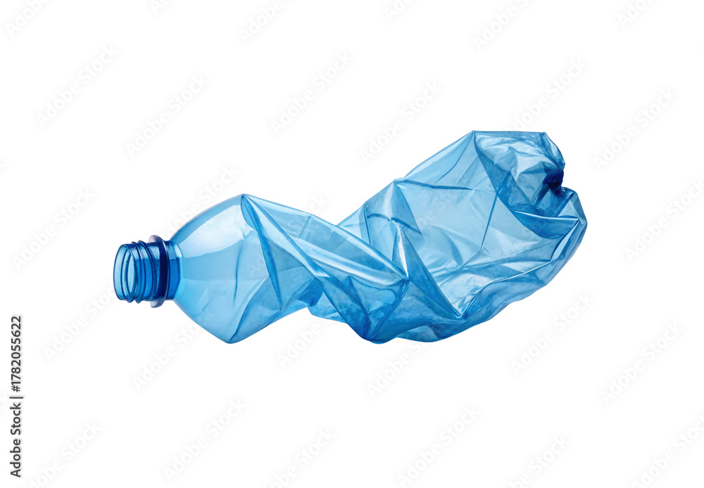 Obraz premium Severely compressed blue plastic bottle showing extreme deformation and crumpled texture throughout, isolated on a transparent background
