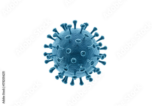 Scientific illustration of SARS-CoV-2 virus structure with characteristic crown-like surface proteins in teal coloration, isolated on a transparent background