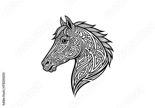 Intricate Horse Head Design with Celtic Knotwork Details.