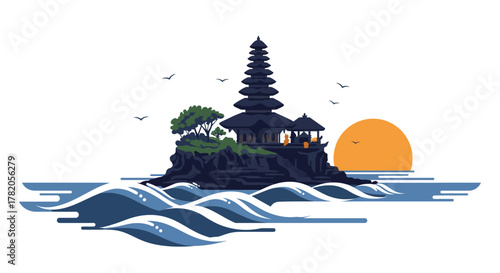 Tanah Lot Temple in Bali at Sunset Vector Illustration.