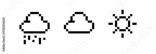 Pixel weather icons, cloud rain and sun, , 8bit sun and cloud symbols, retro forecast set, 8-bit style, forecast symbols, vector illustration, pixel art.