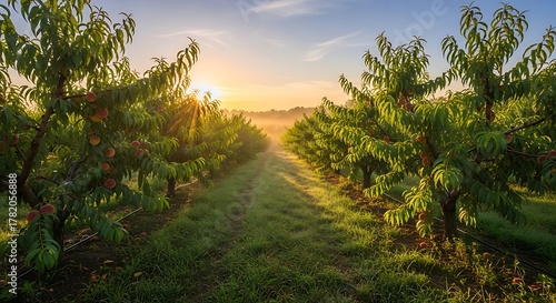 Peach Orchard Sunrise with Golden Light Filtering Through Trees.
