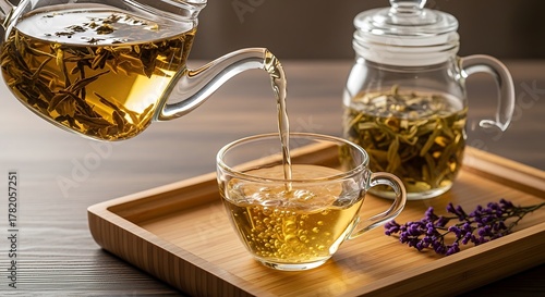 Pouring hot herbal tea from a glass teapot into a clear cup on a wooden tray.