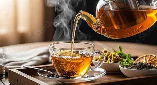 Pouring Hot Tea into a Glass Cup with Lemon and Steam.